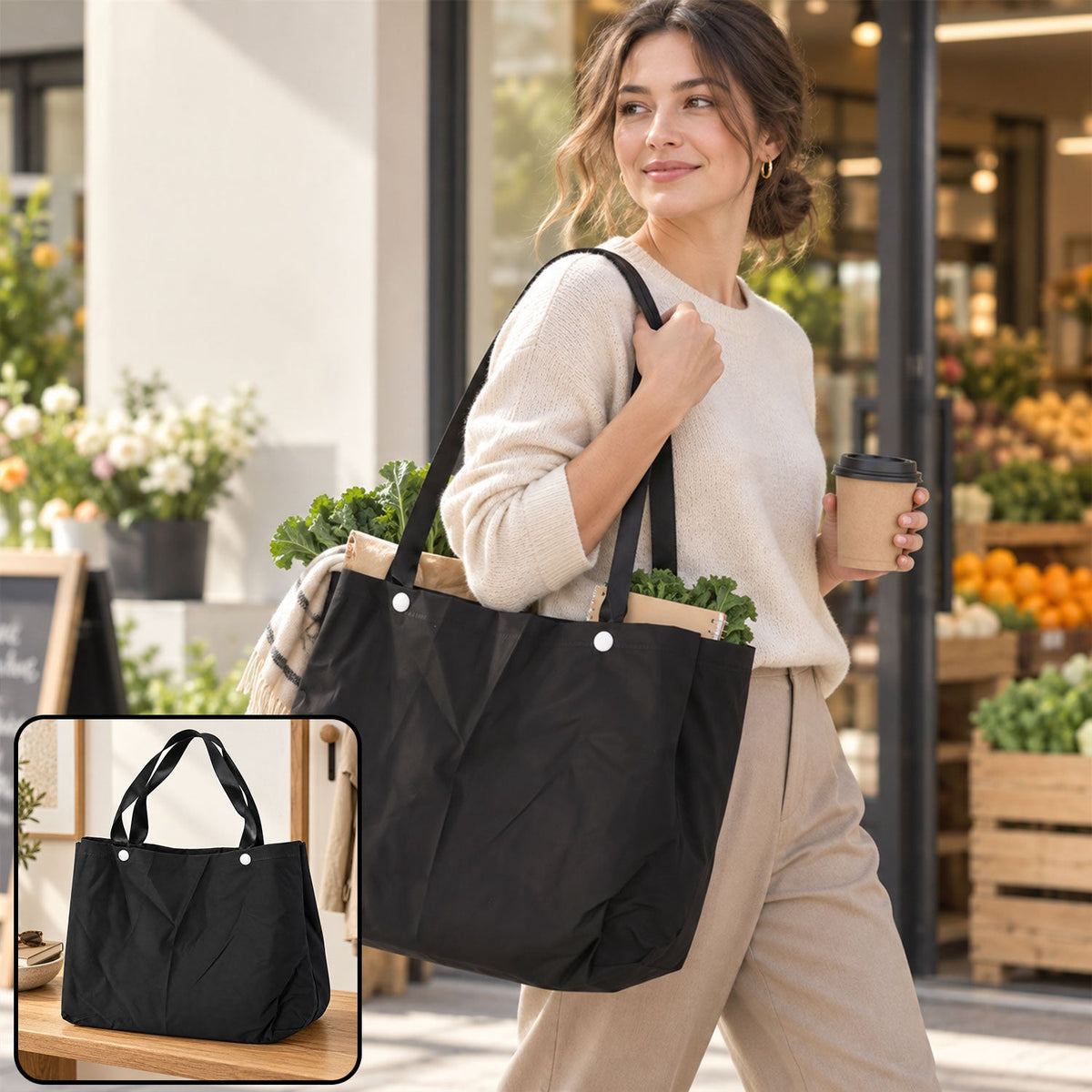 Shopping tote bag wide carry straps