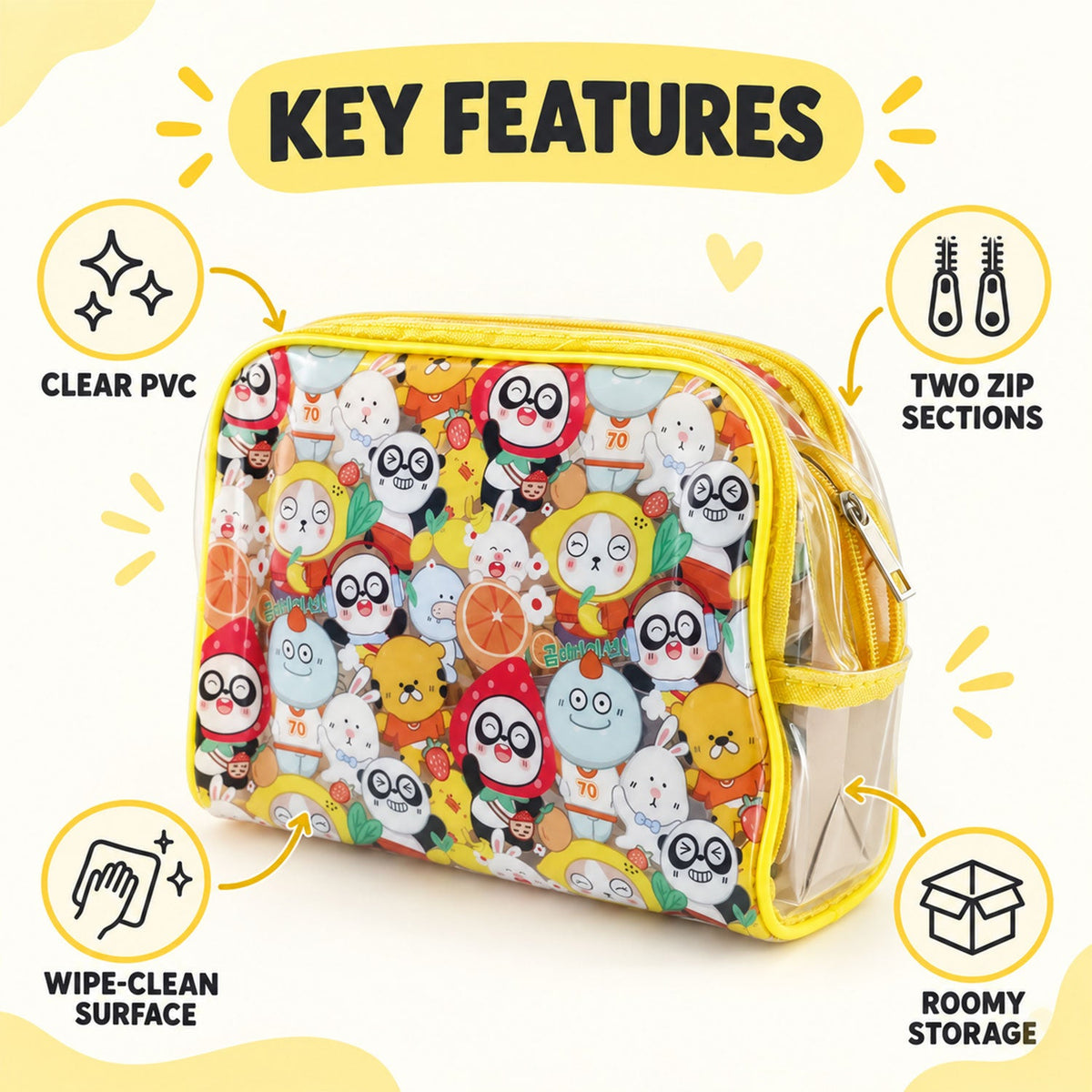 Cosmetic pouch zip sections detail