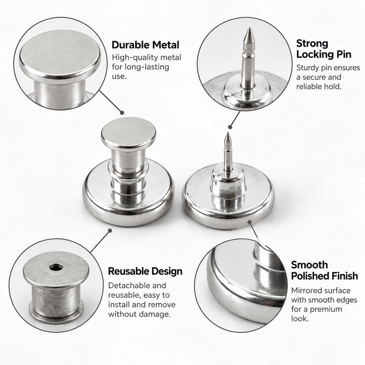Metal magnetic push pin clip for adjustable clothing fit - view 03