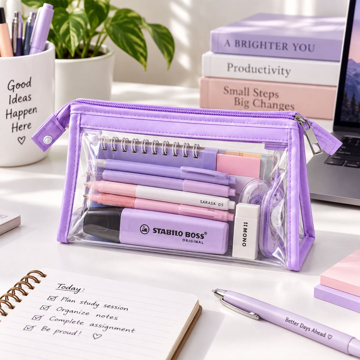 Transparent PVC zipper pouch purple trim