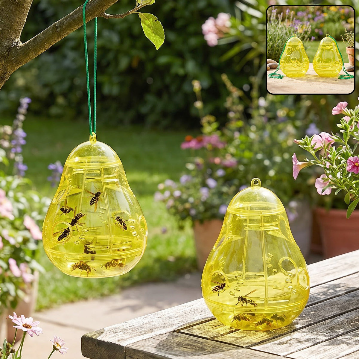 Plastic hanging wasp and insect catcher for outdoor areas