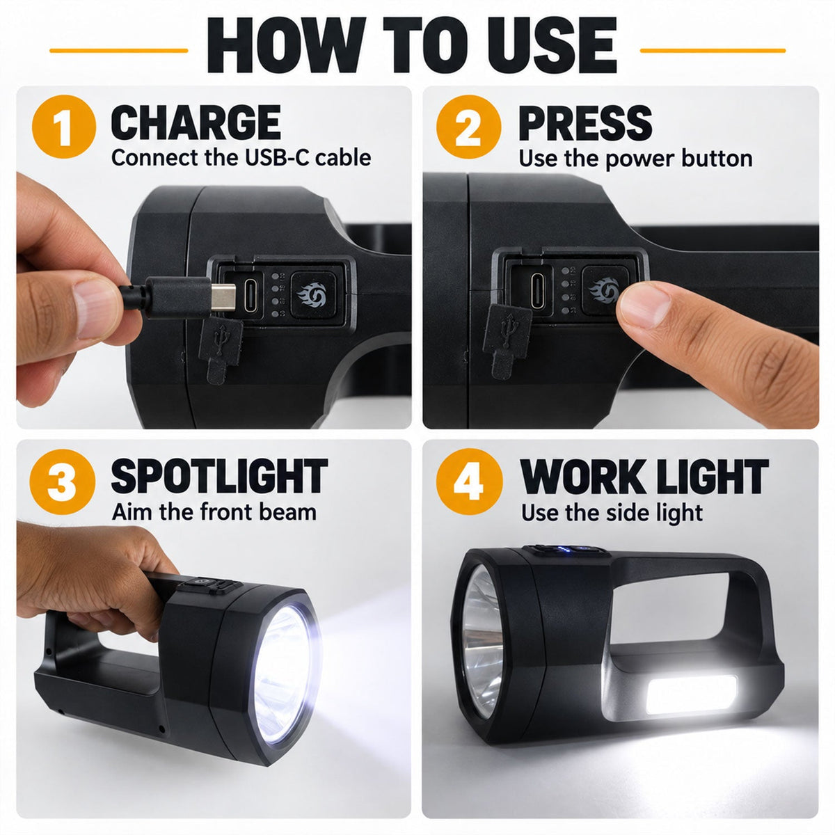 Four panels demonstrating how to use the torch: charging, pressing the power button, using the spotlight, and the side work