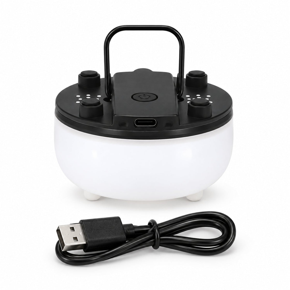 A white and black portable night light with a handle and a coiled USB charging cable on a white background.