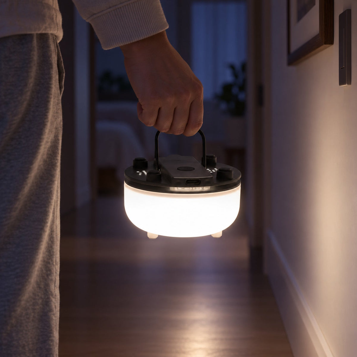 A person's hand holds a glowing white portable night light while walking down a dimly lit hallway.