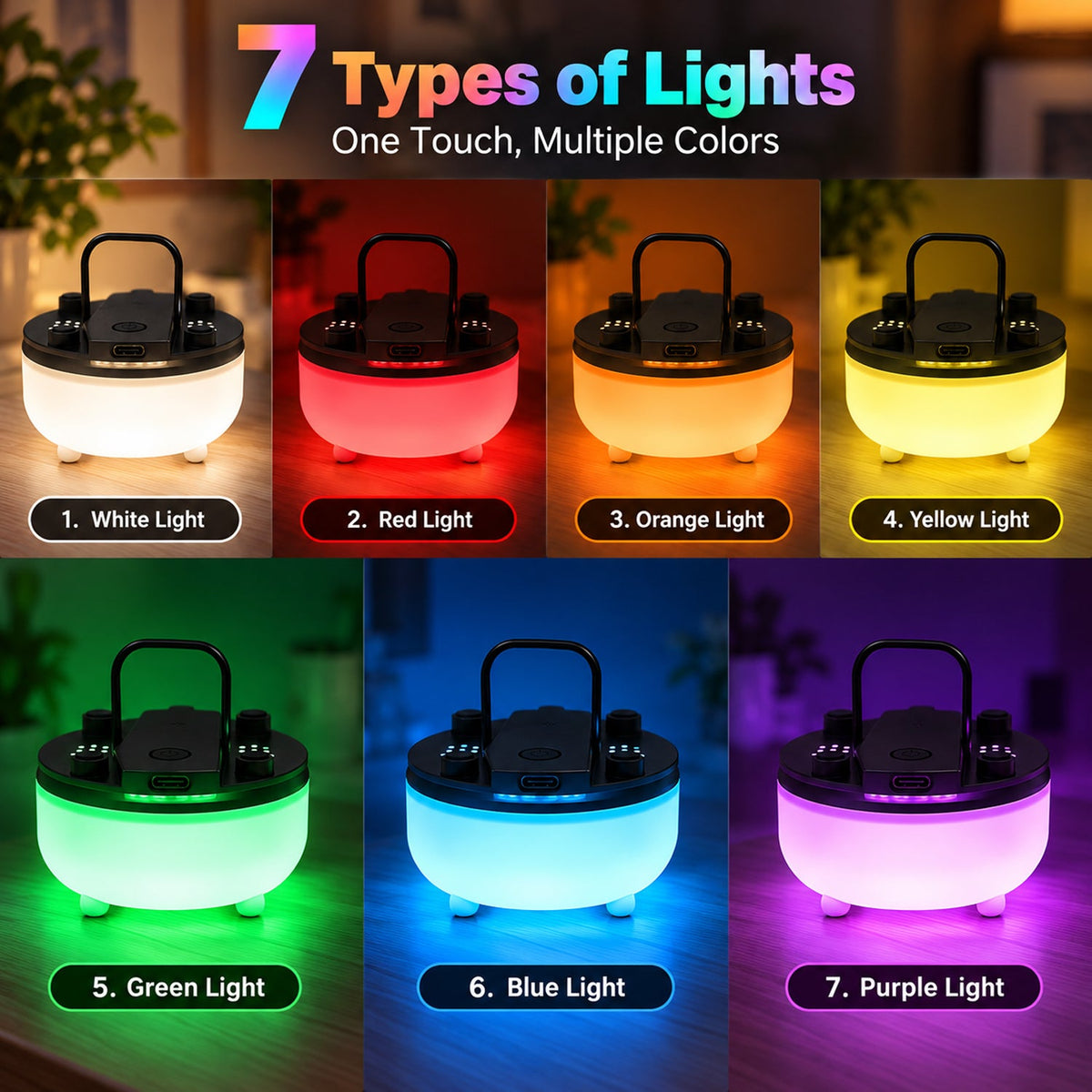 Seven images of the night light, each displaying a different color: white, red, orange, yellow, green, blue, and purple.