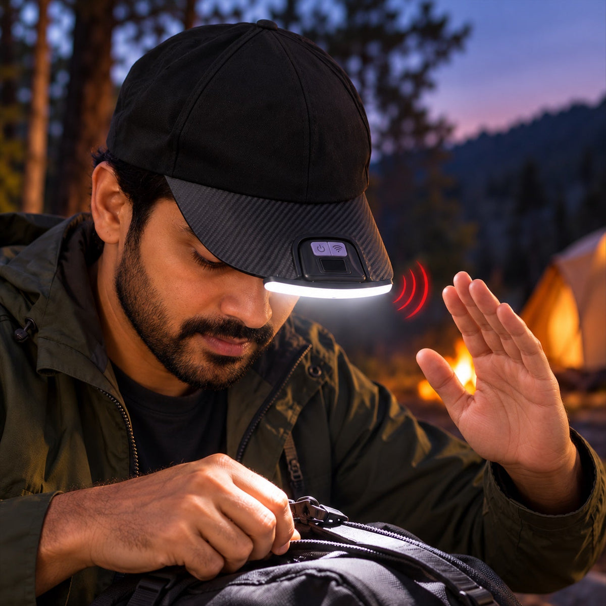 A man wearing a black baseball cap with a bright LED light and motion sensor, looking down at a backpack zipper in a dark