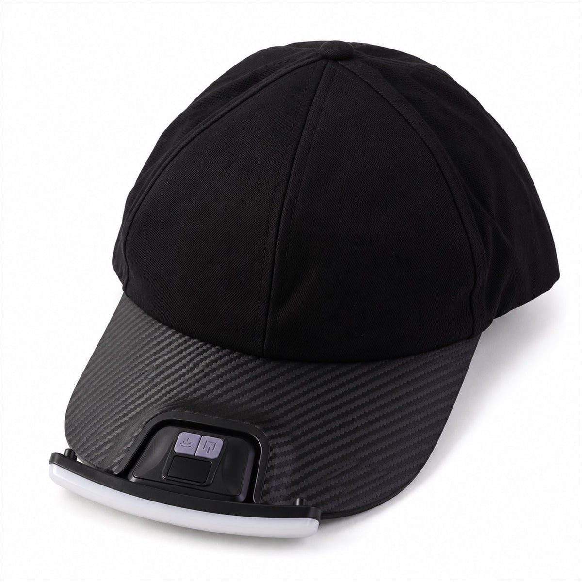 A black baseball cap with a textured brim and a white LED light bar attached, featuring control buttons on top of the light