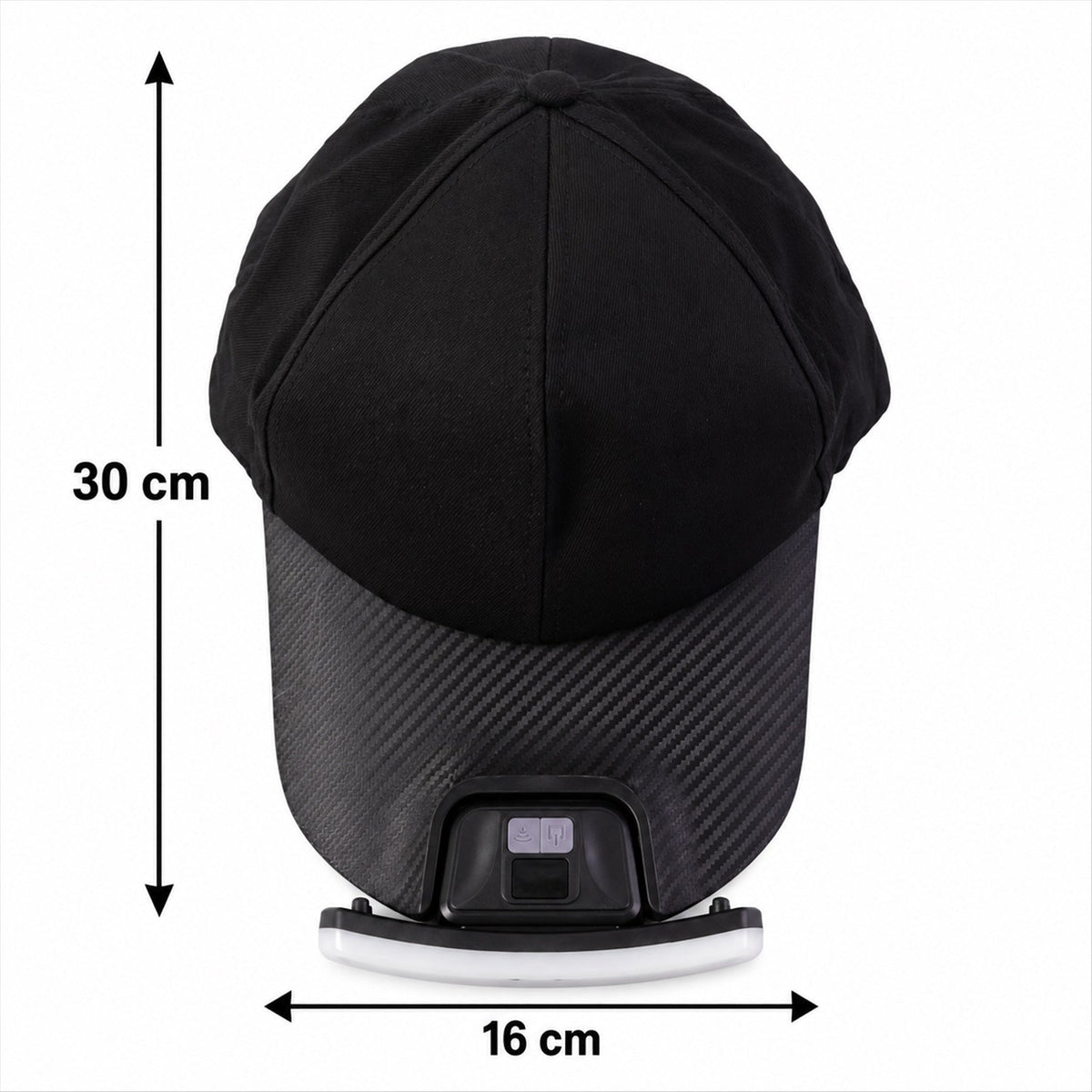 A black baseball cap with an LED light, shown with dimensions of 30 cm height and 16 cm width on a white background.