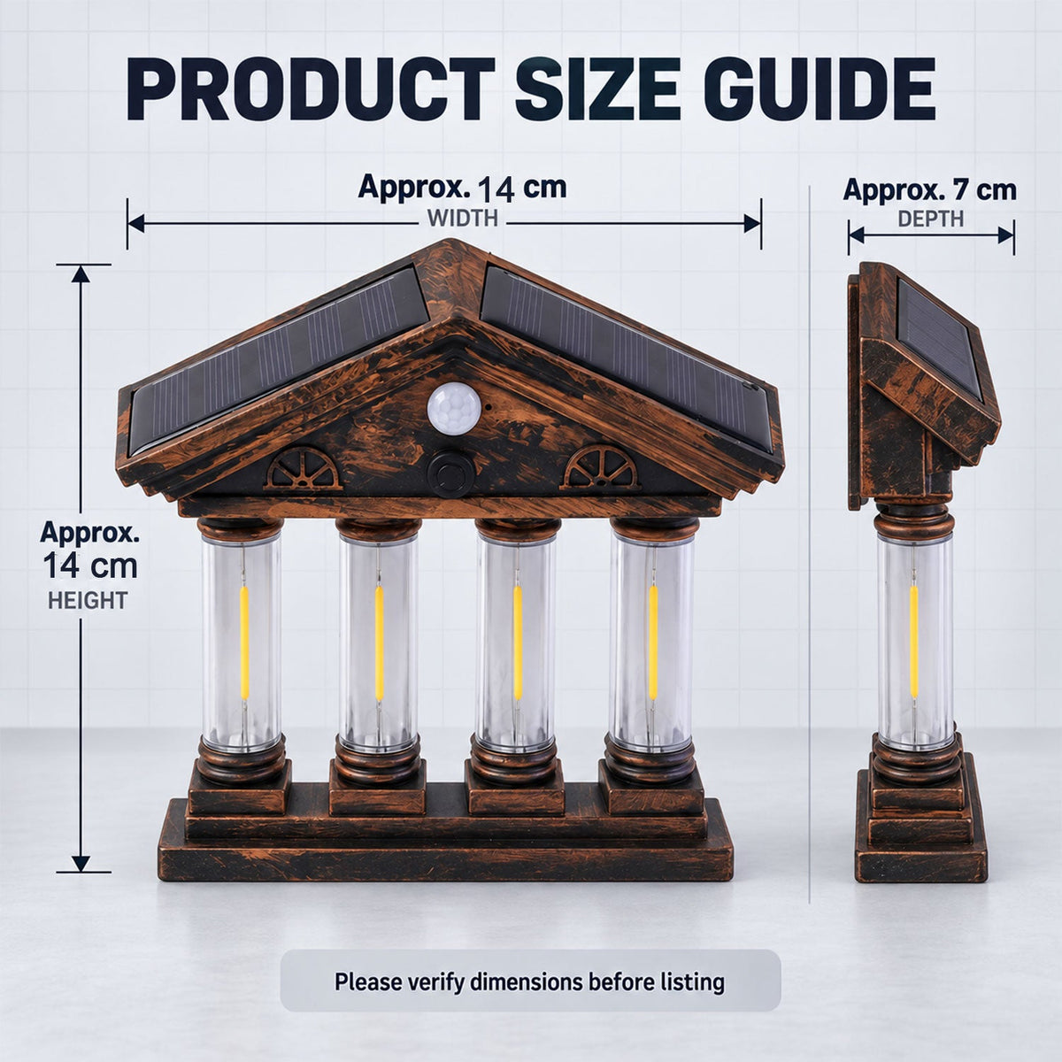 A product size guide showing the solar wall light from front and side, with dimensions of approximately 14 cm width, 7 cm