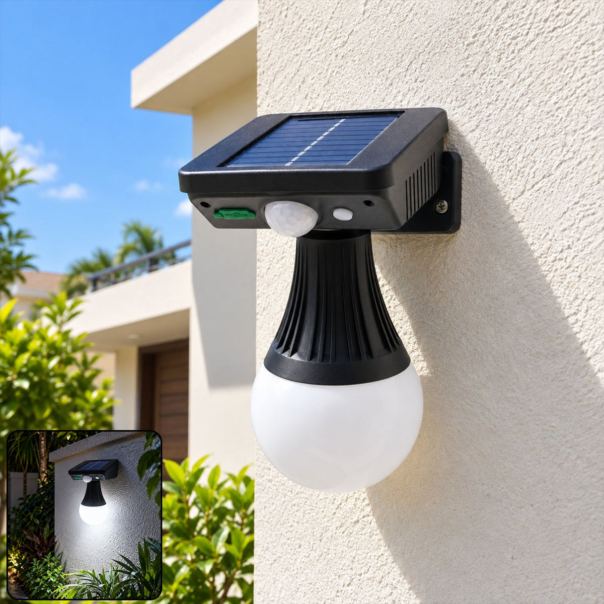 Black solar motion sensor light with a white globe bulb attached to a cream wall outdoors, with an inset image showing the