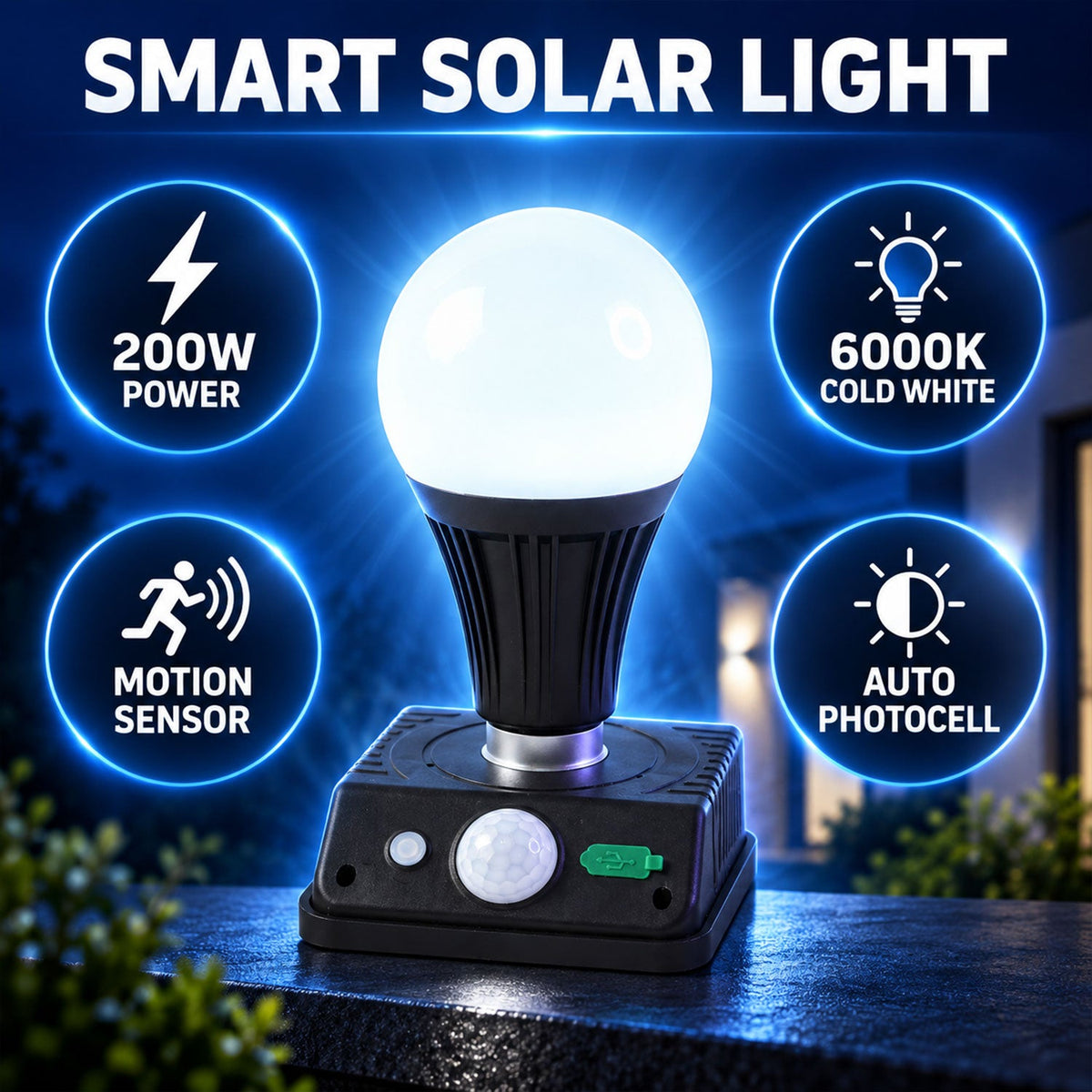 A black solar light with a glowing white bulb on a dark surface, surrounded by four circular icons detailing its features.