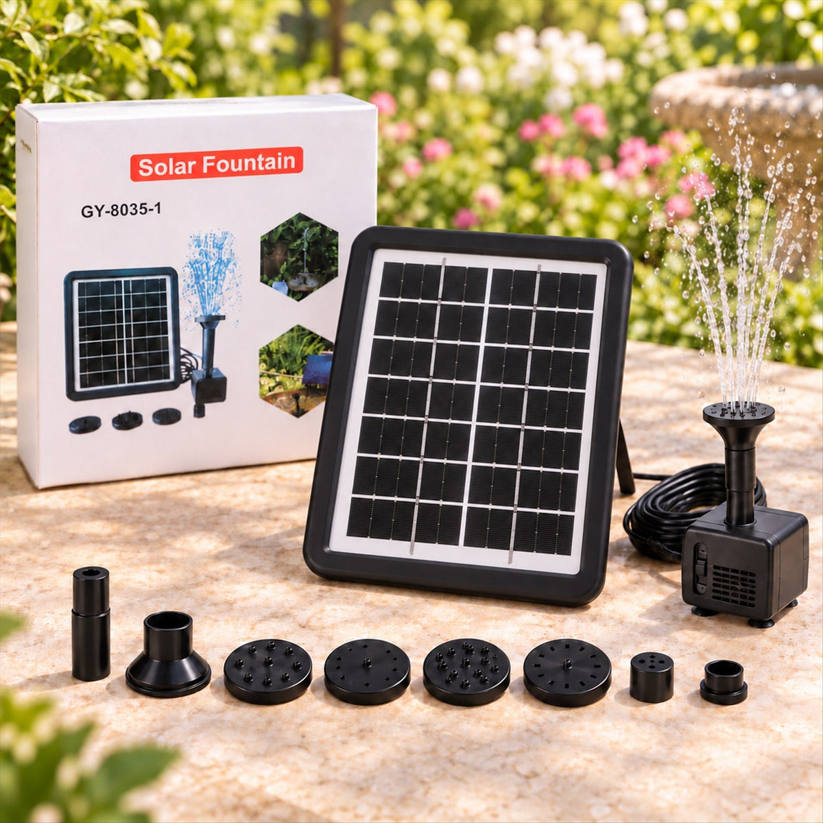 A black solar panel, water pump, and various nozzles are displayed with their product box outdoors.