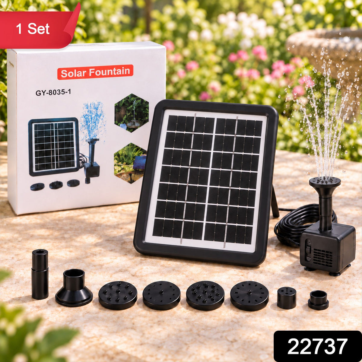 A solar panel, pump, and nozzles are arranged on a stone surface next to their packaging, with a red "1 Set" banner.