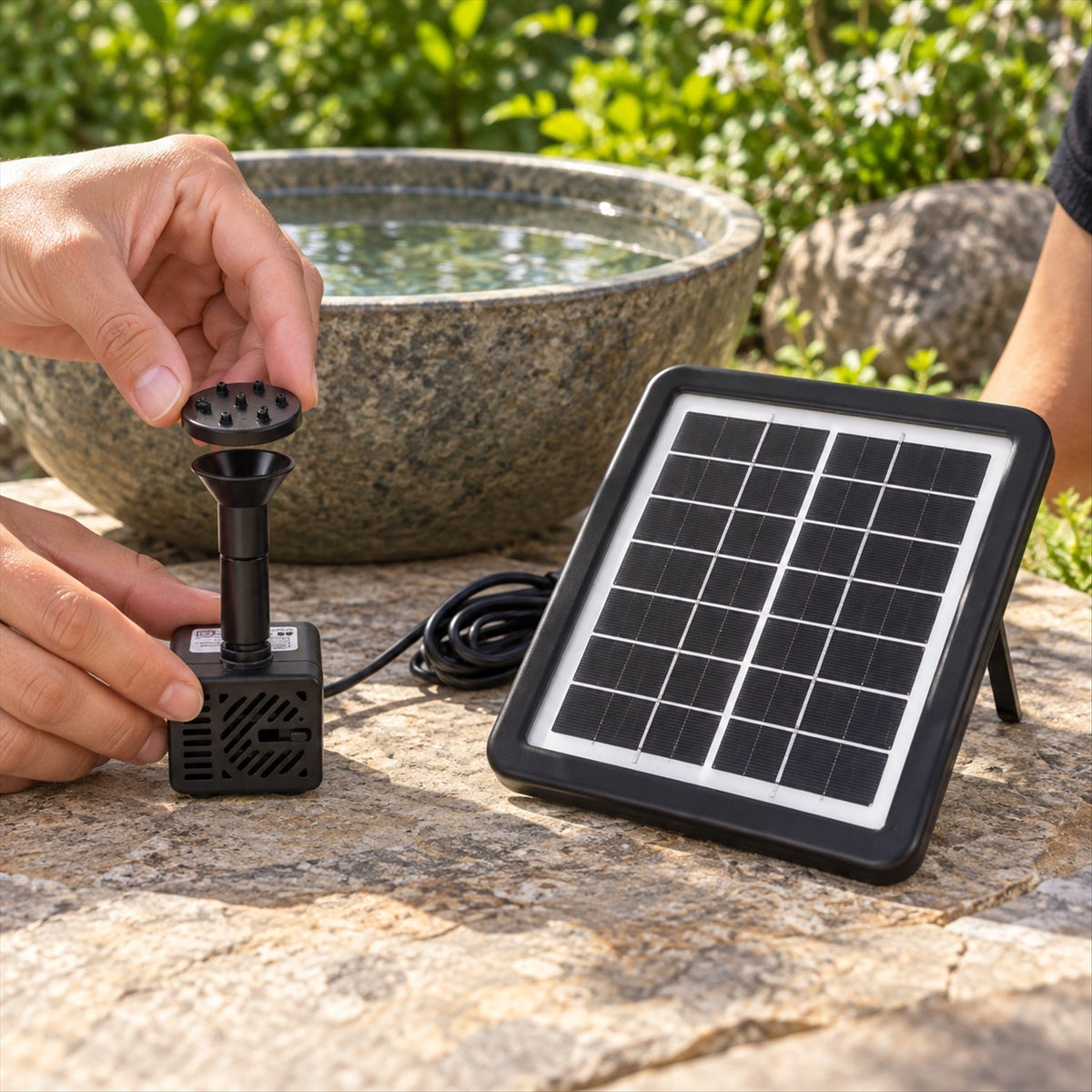Hands assemble a black fountain nozzle onto the pump, with a solar panel and stone bowl in the background.