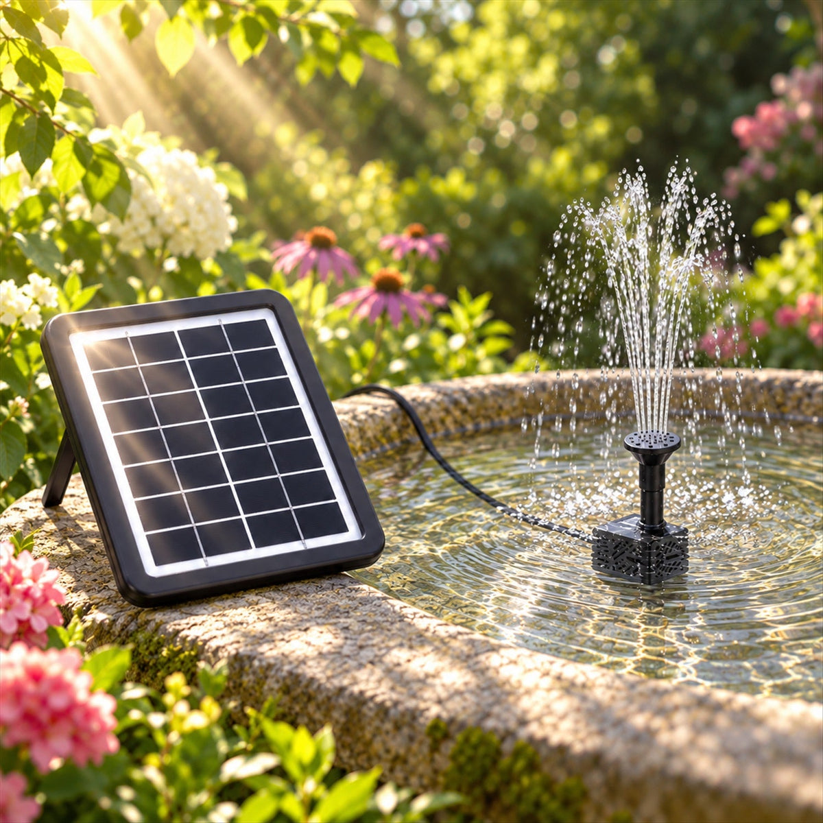 Sunlight illuminates a black solar panel and an active fountain pump in a stone birdbath outdoors.