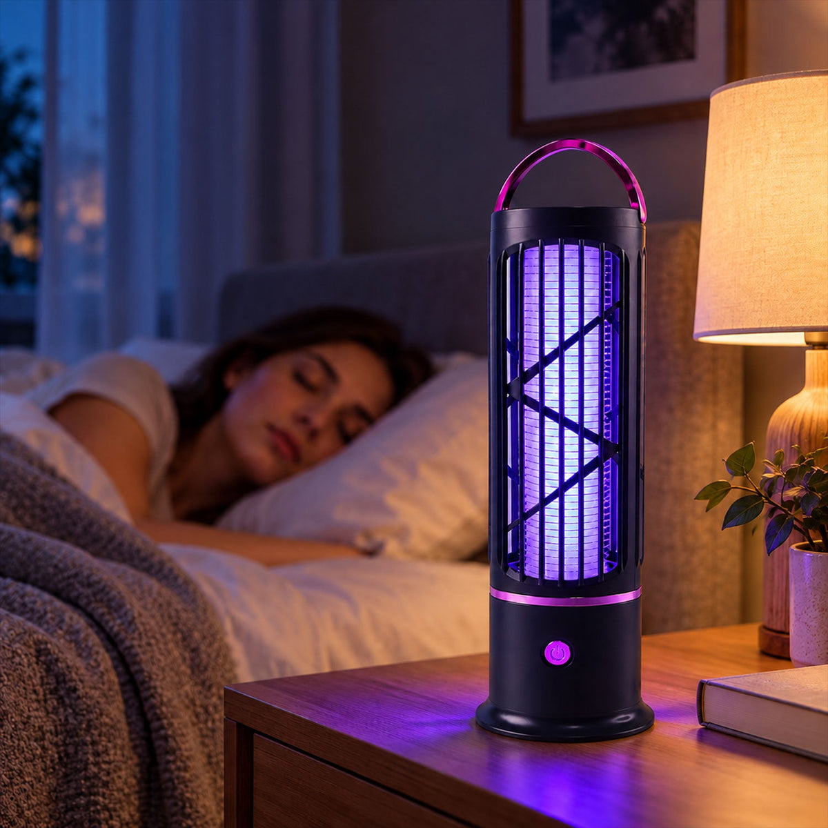 A black and purple mosquito lamp illuminates a bedroom nightstand next to a sleeping woman.