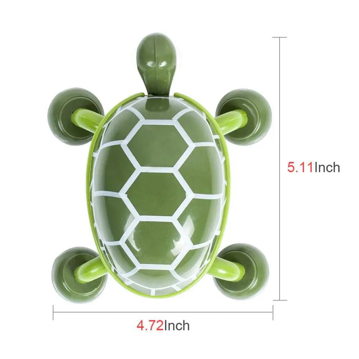 An overhead view of the green turtle massager with white shell patterns, displaying its length and width dimensions.