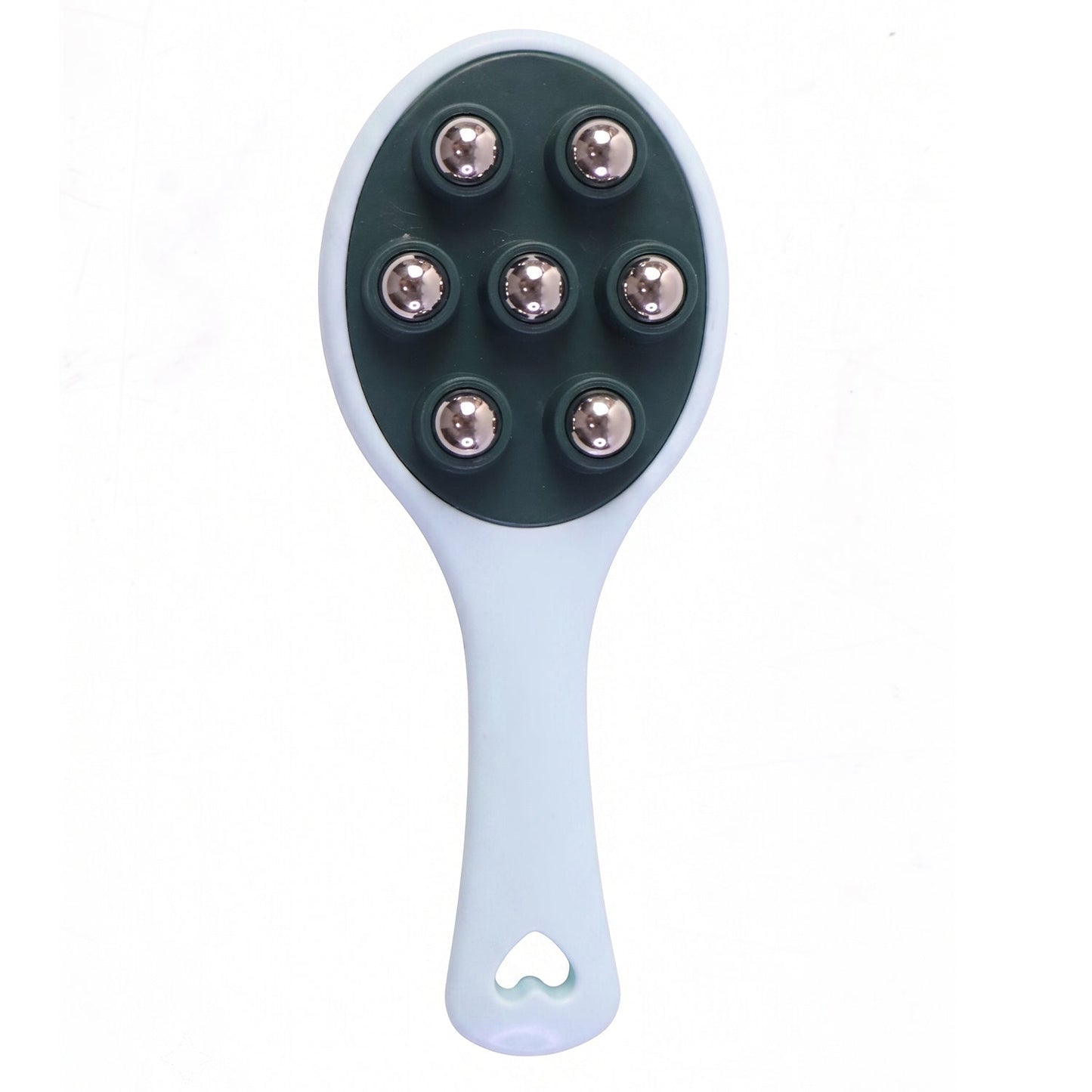 Portable handheld body massager with a blue handle on a white background.