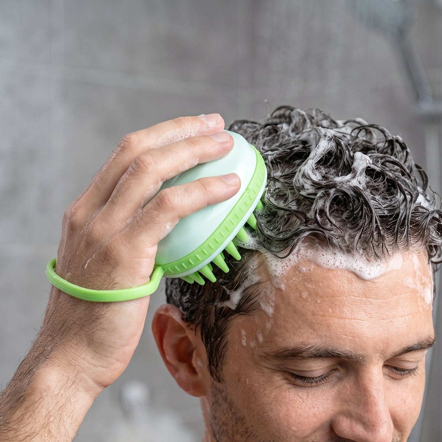 Scalp massager brush used while shampooing hair