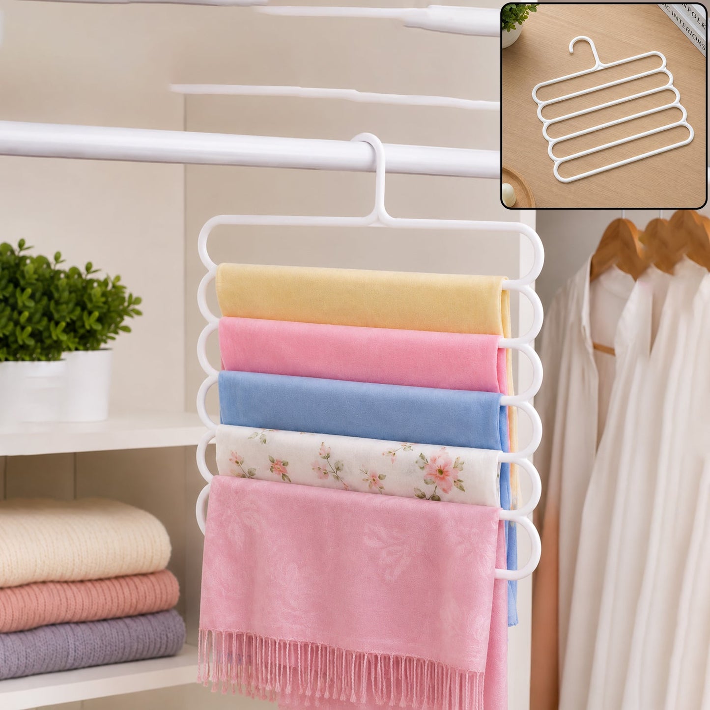Large 5 in 1 plastic multipurpose clothes hanger in use