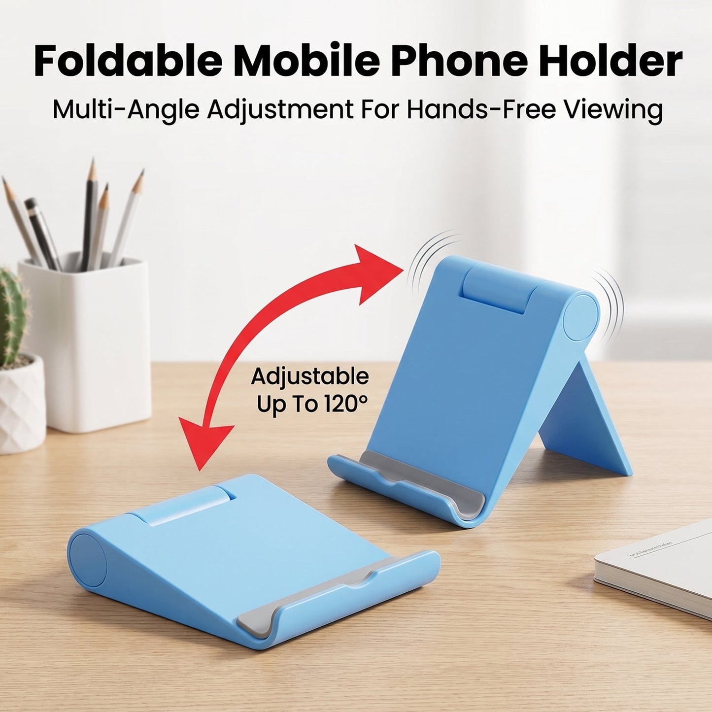 Adjustable plastic phone stand in use on a desk.