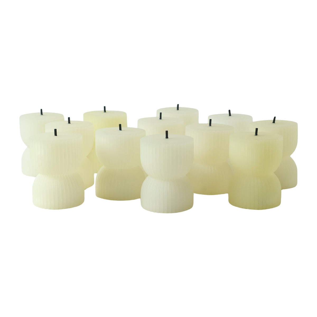 Twelve unlit, cream-colored, ribbed, hourglass-shaped LED candles are arranged in three rows on a white background.