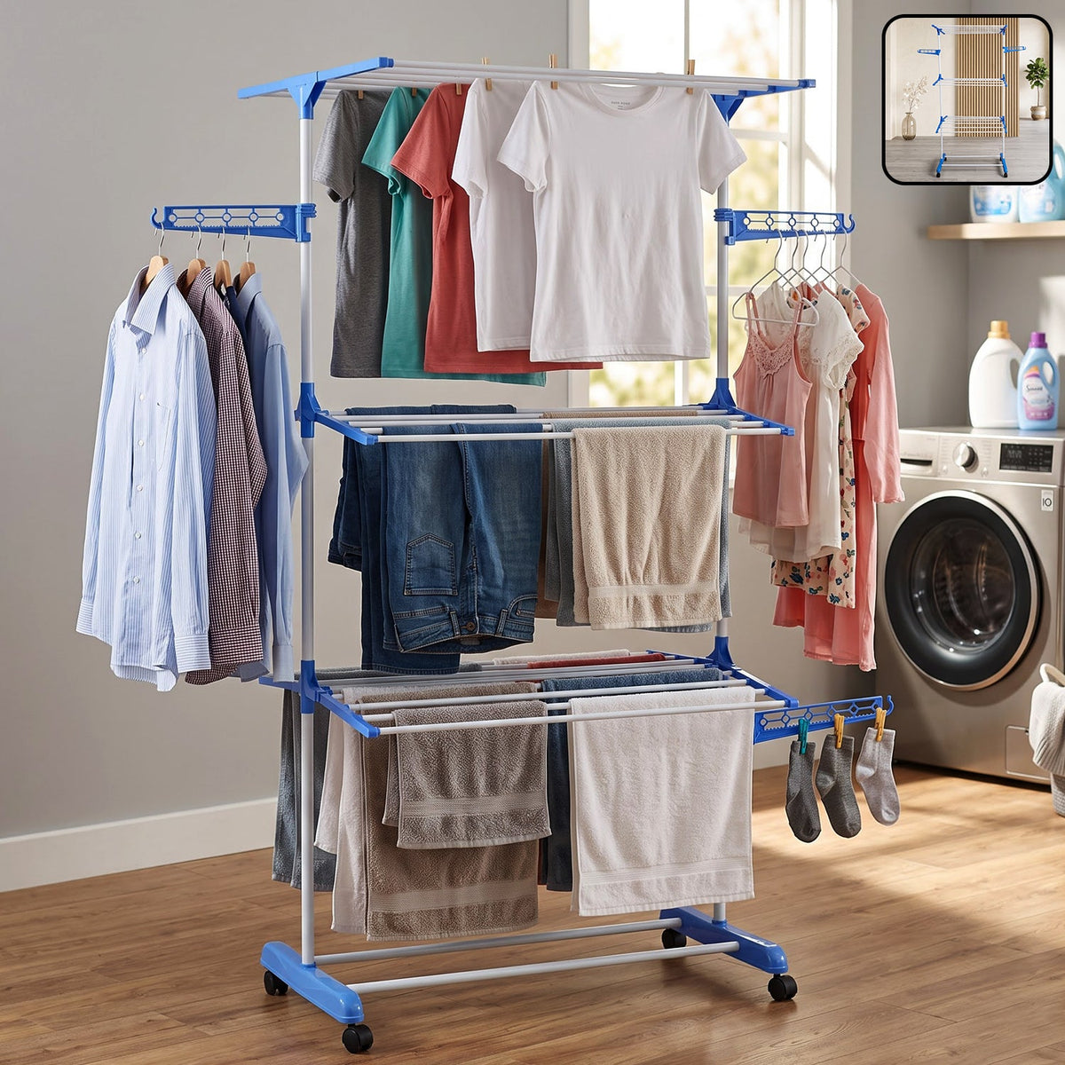 3 layer foldable clothes drying stand with wheels
