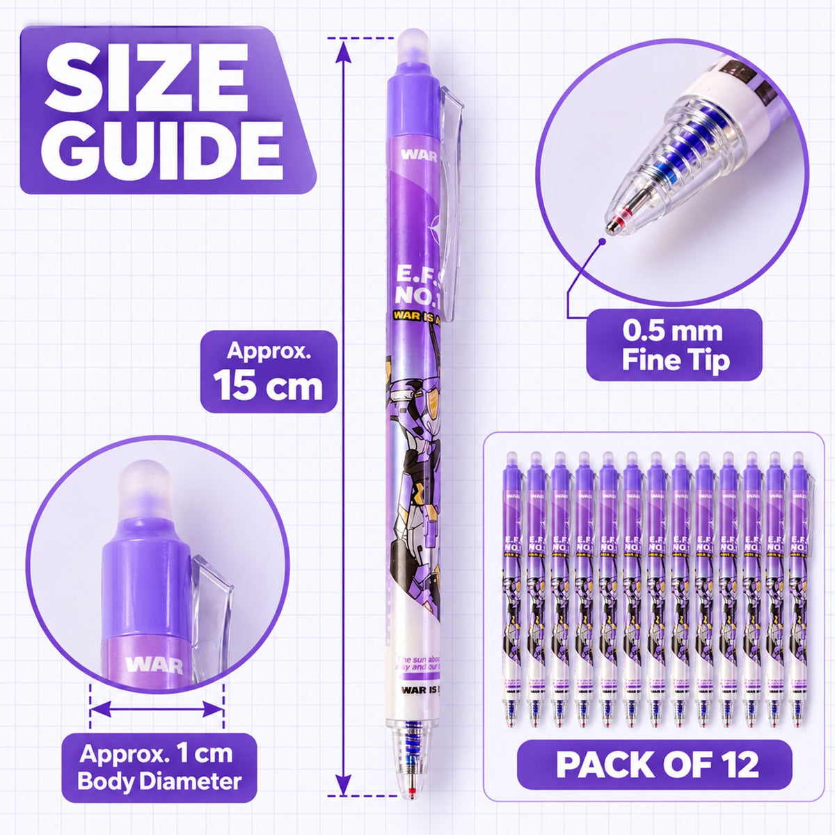 Erasable gel pens with mecha print built in eraser and 0.5 mm tips twelve piece set 03