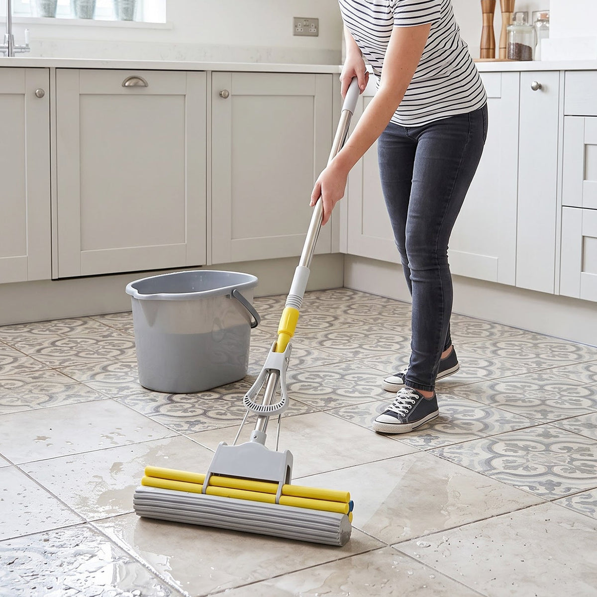 Steel handle sponge mop floor cleaning view