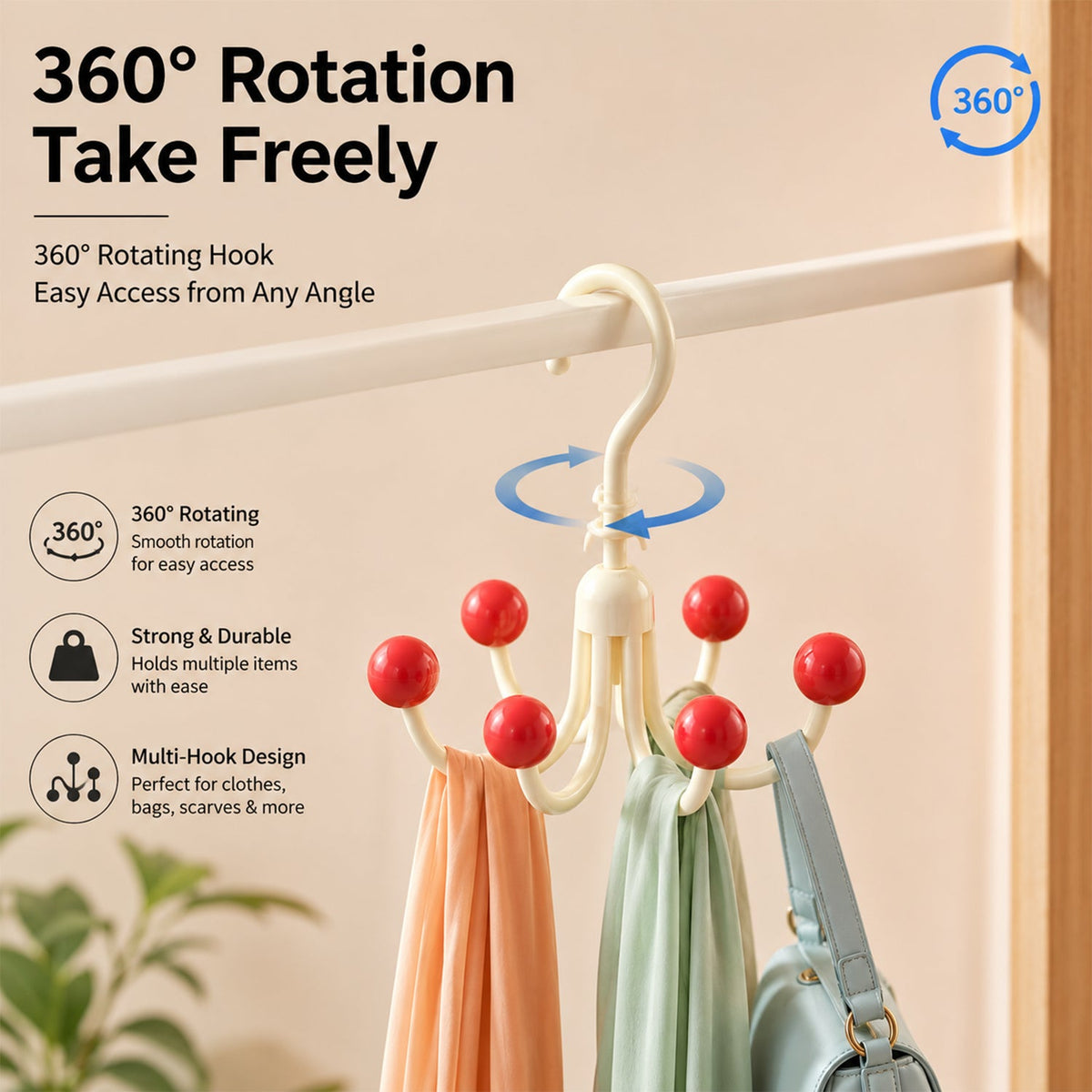 A cream multi-hook hanger with red ball tips, holding two scarves and a light blue bag, hanging on a white rod, with text