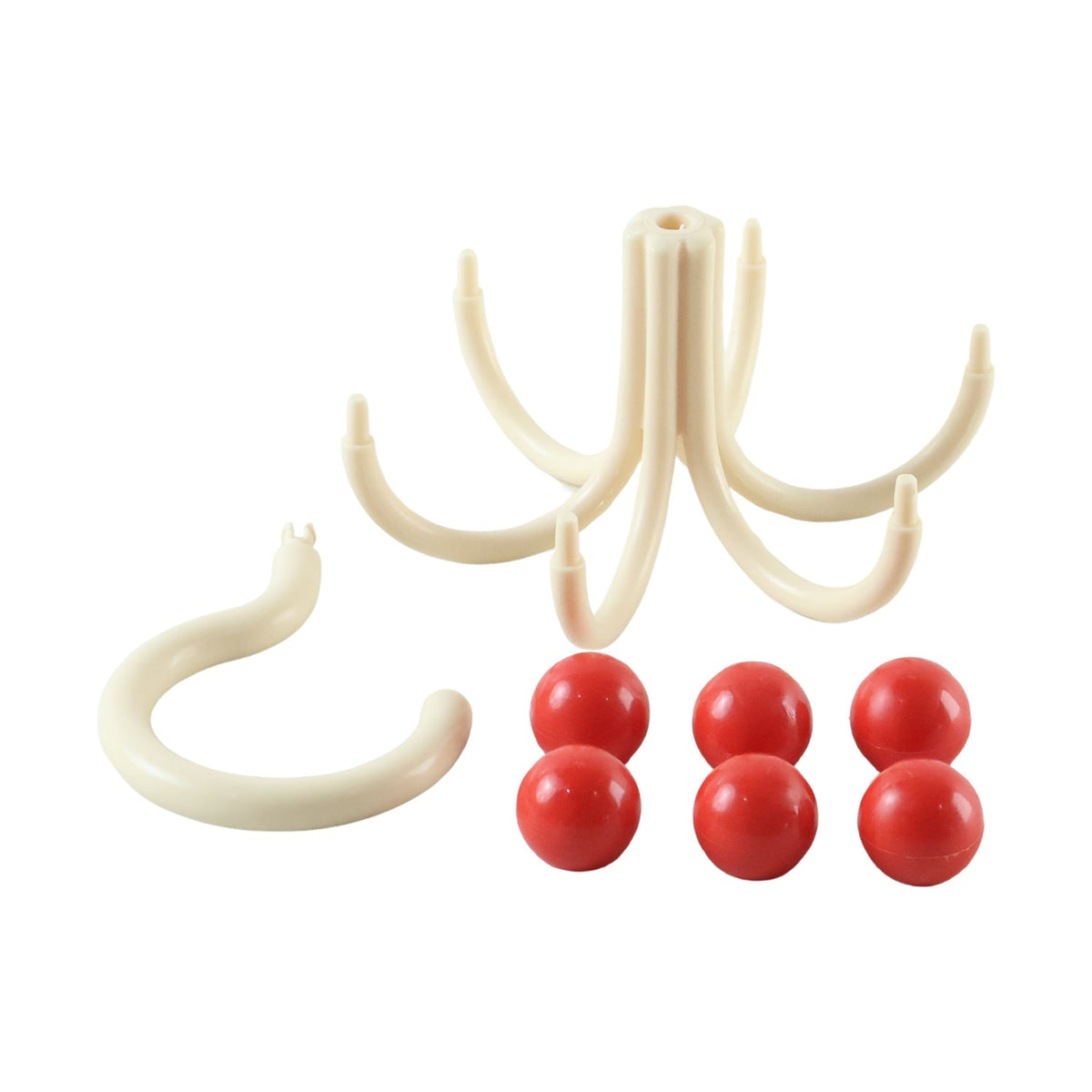 The disassembled parts of the hanger are shown: a cream S-hook, a cream base with six curved arms, and six separate red
