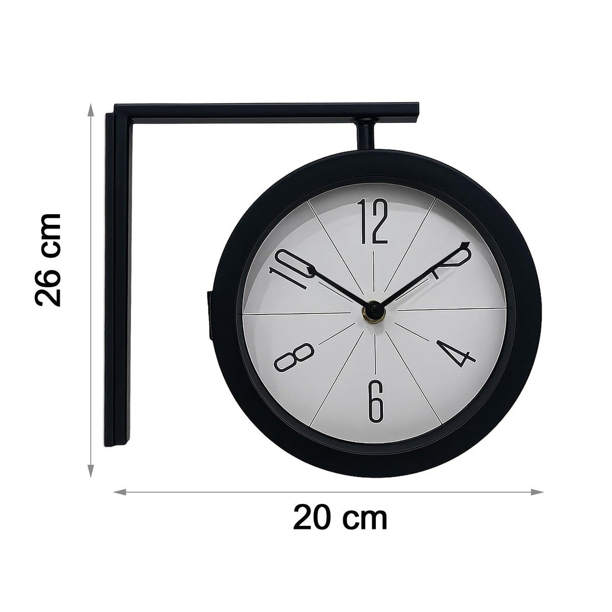 A black double-sided clock with a white face and black numbers is shown on a white background with dimensions indicating 26