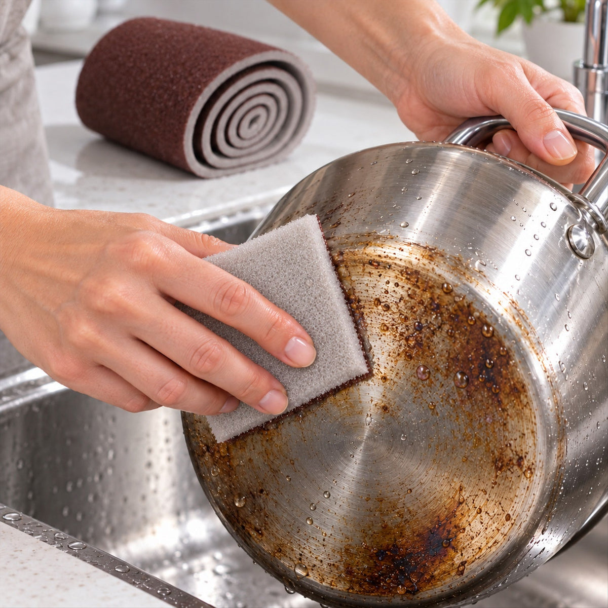 Hands scrubbing a dirty metal pot with a small gray and brown abrasive sponge in a kitchen sink.