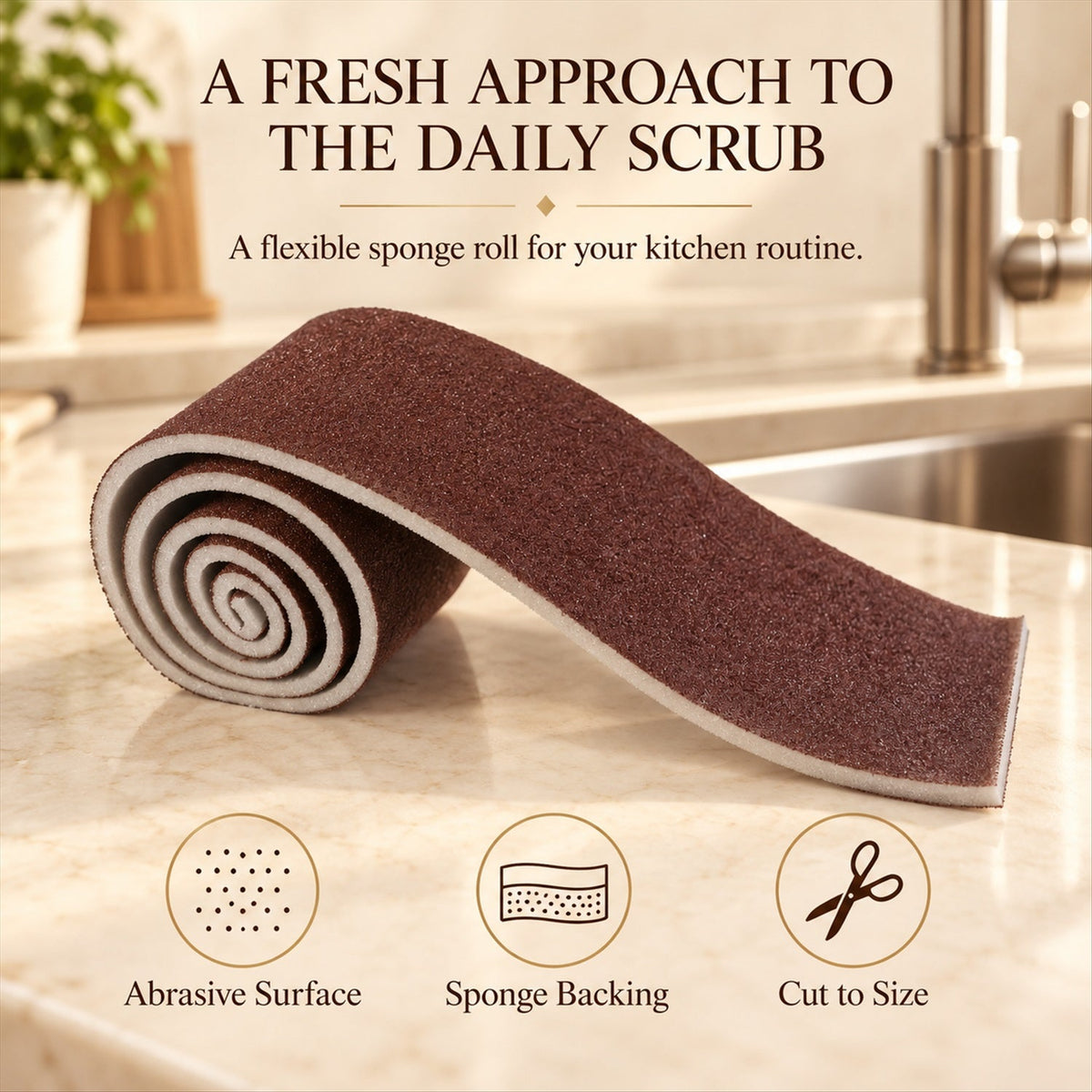 An unrolled brown abrasive sponge with white backing on a kitchen counter, with text and icons describing features.