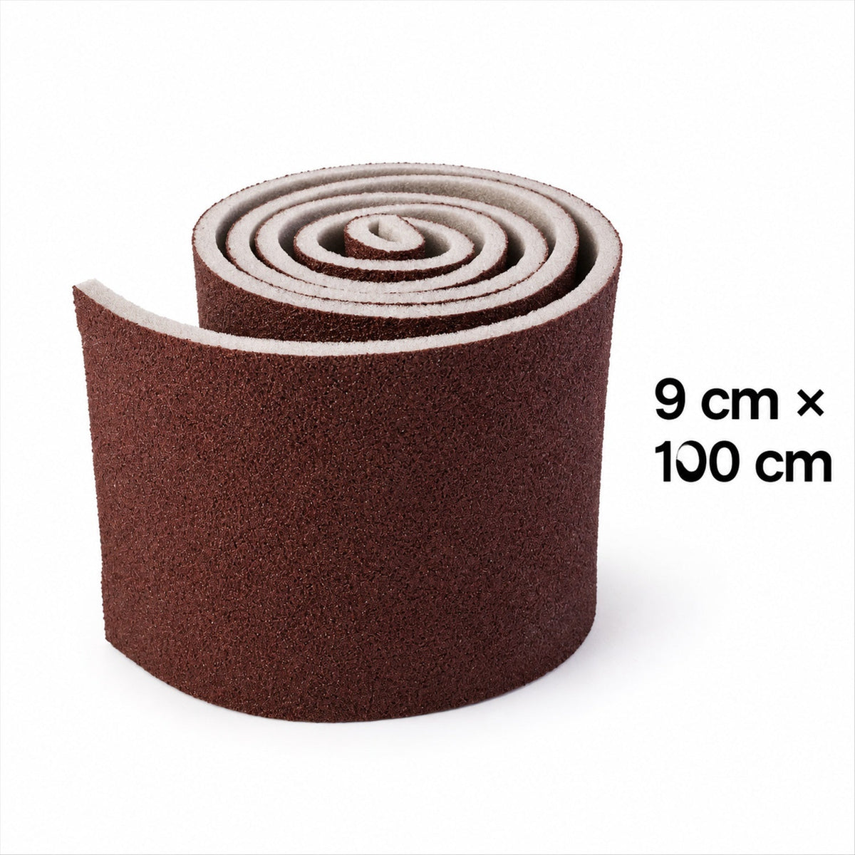 A brown abrasive sponge roll with white backing, standing upright on a white surface, with dimensions next to it.