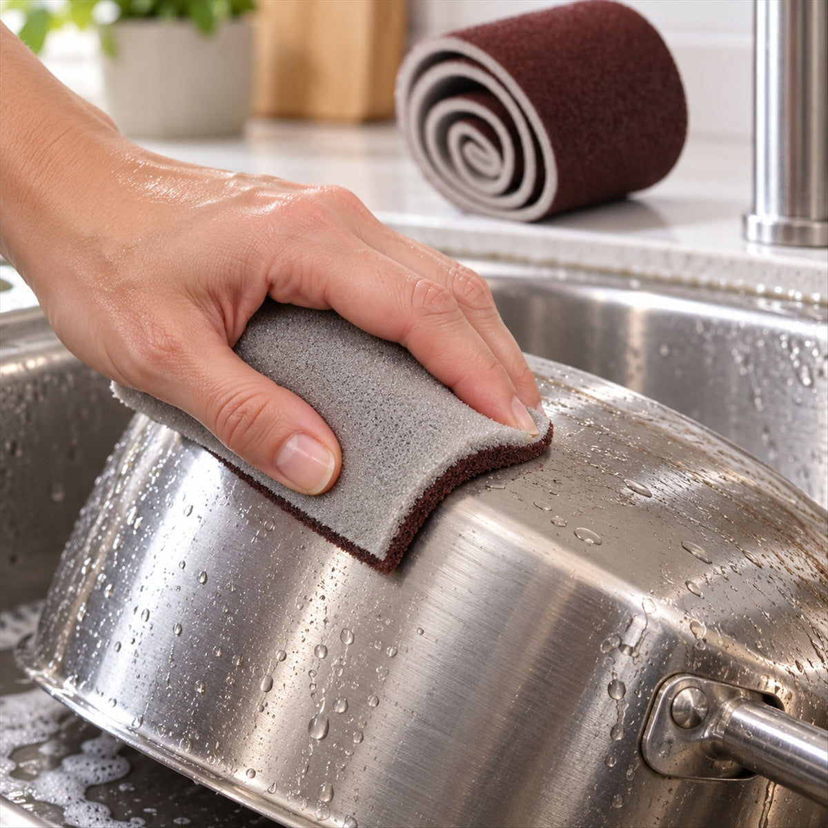 A hand scrubbing a metal pot with a gray and brown sponge in a sudsy sink, with a roll in the background.