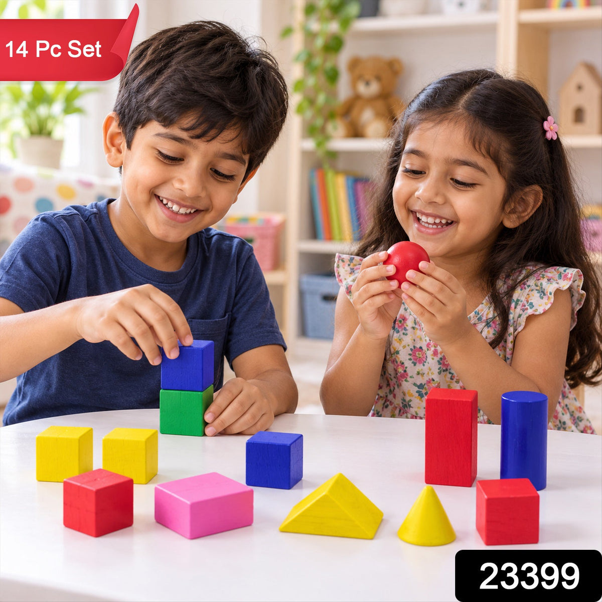 Wooden geometric shapes learning blocks fourteen piece set sku