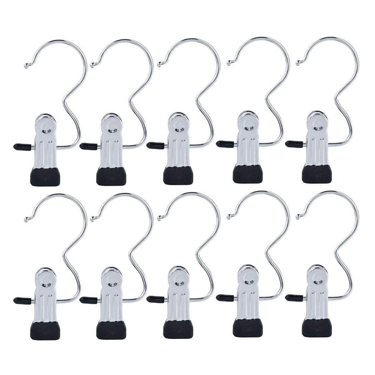 Ten shiny silver metal clip hangers with black rubber tips and S-shaped hooks are arranged in two rows on a white background.