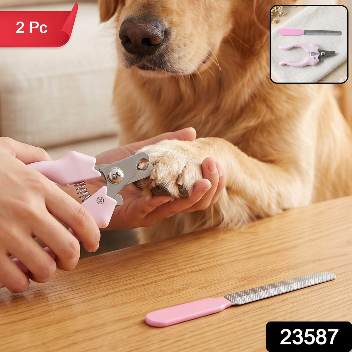 A person's hands hold pink pet nail clippers to trim a golden retriever's paw, with a pink nail filer on the table, and a
