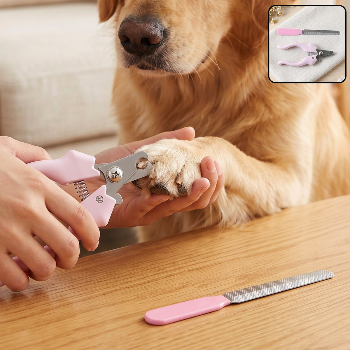 A person's hands hold pink pet nail clippers to trim a golden retriever's paw, with a pink nail filer on the table, – view 3