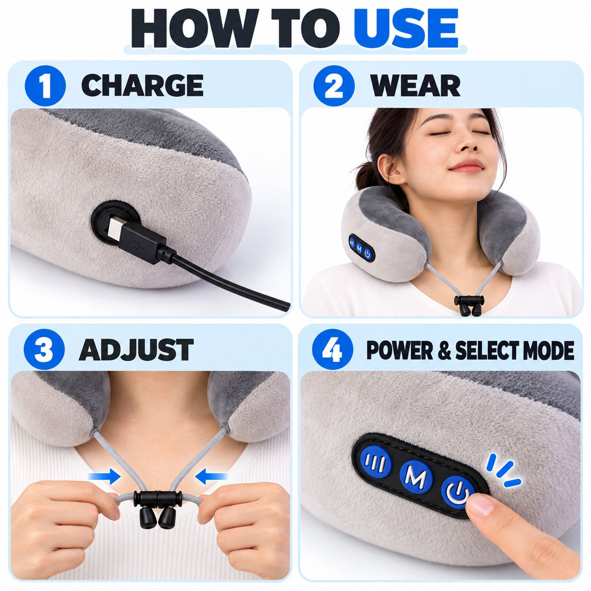 Four step-by-step instructions showing how to charge, wear, adjust, and power on the neck massage pillow.