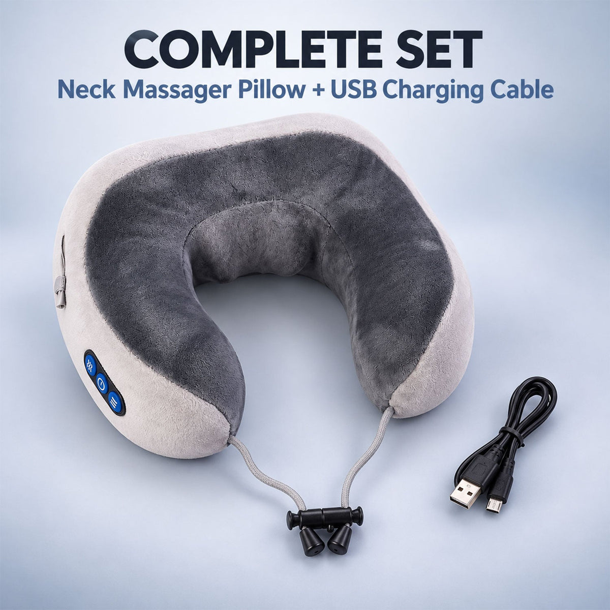 A grey and white U-shaped neck massage pillow and a black USB charging cable displayed together as a complete set.