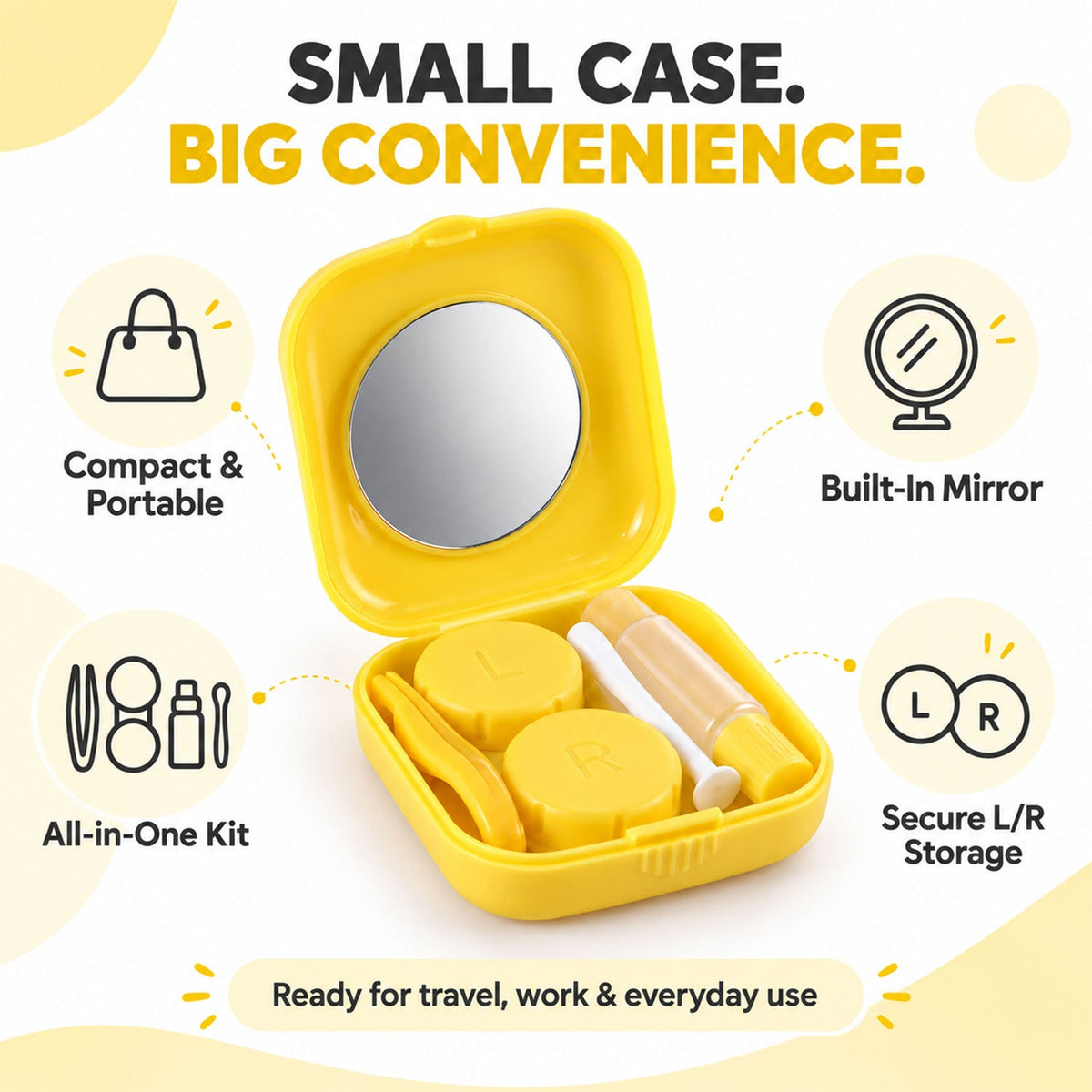 An open yellow contact lens case shows its compact size, built-in mirror, all-in-one kit, and secure L/R storage.