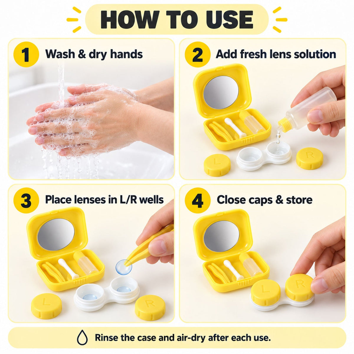 Four steps illustrate how to use the yellow contact lens kit, including washing hands, adding solution, placing lenses, and