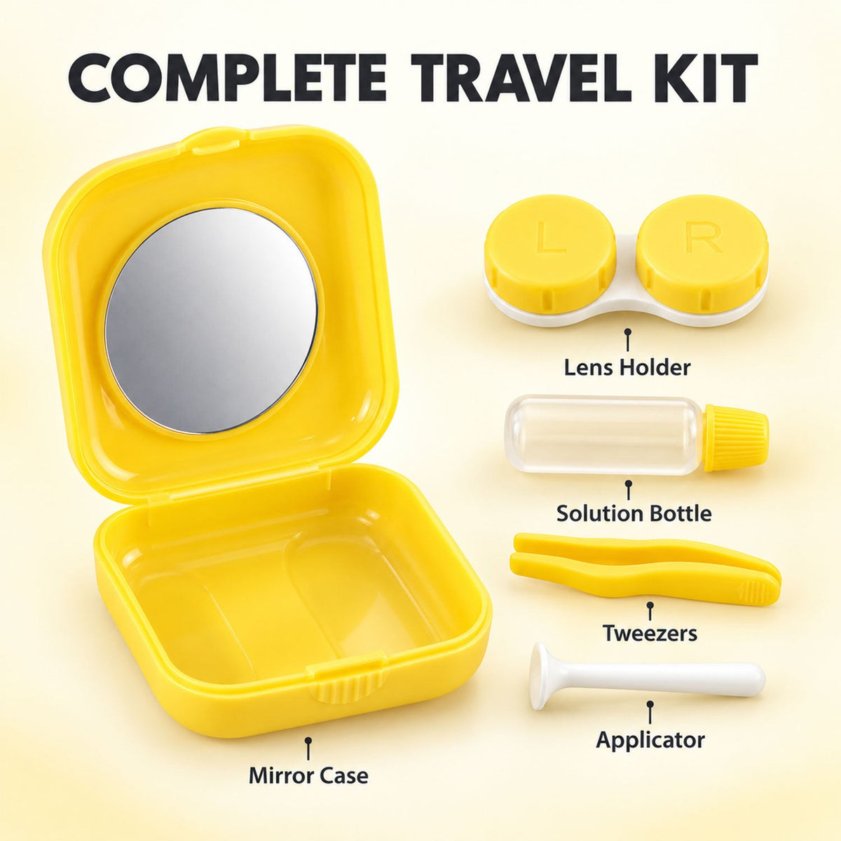 An exploded view of the yellow contact lens travel kit, showing the mirror case, lens holder, solution bottle, tweezers, and