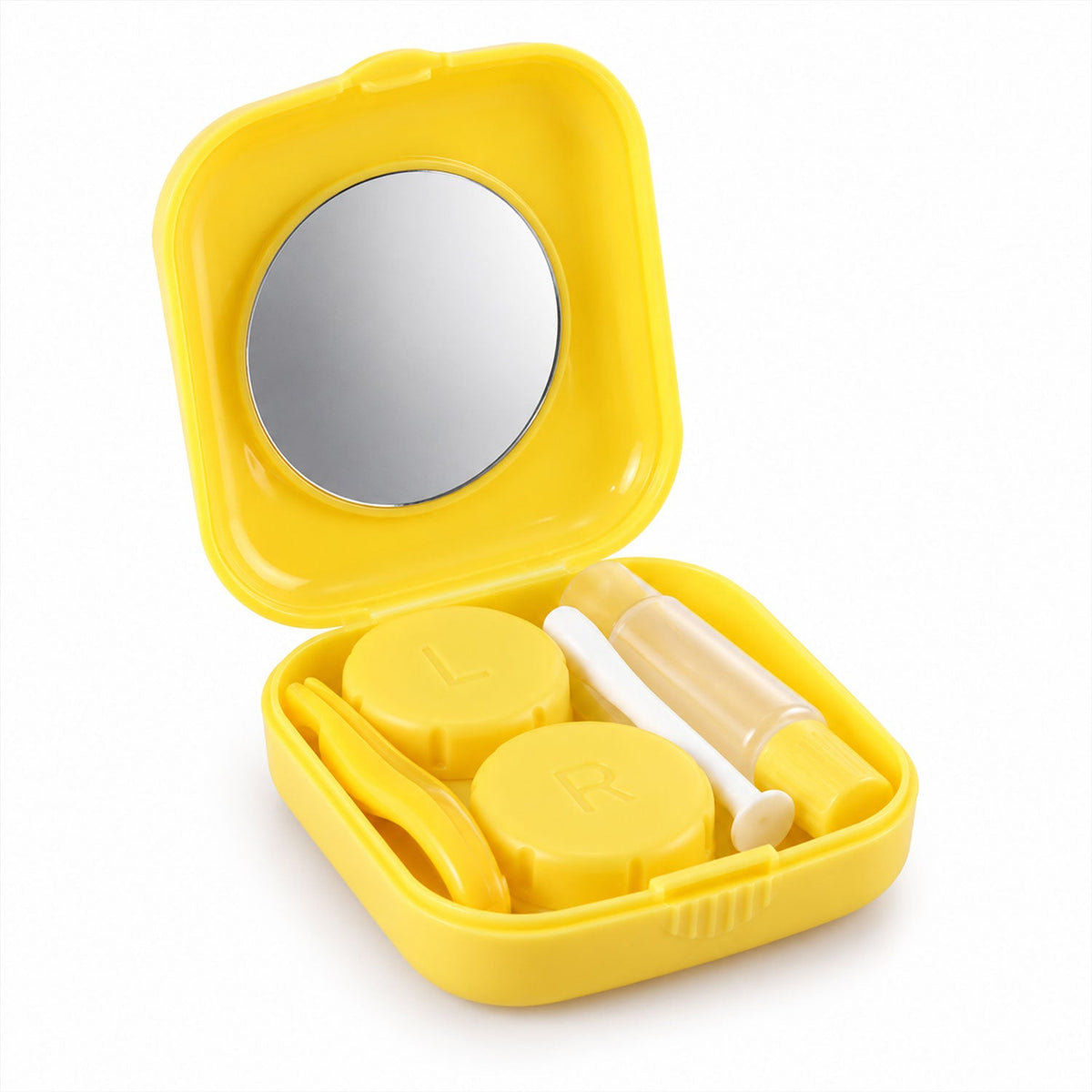 An open yellow contact lens case with a mirror, two lens holders, a solution bottle, tweezers, and an applicator on a white