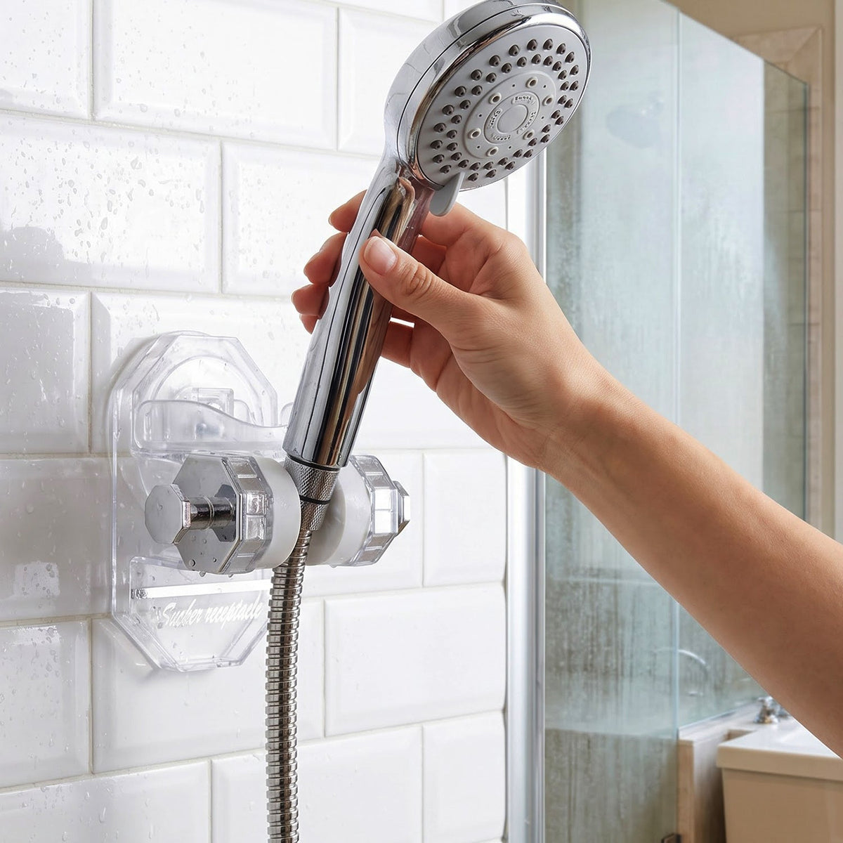 Wall mounted shower head holder in use