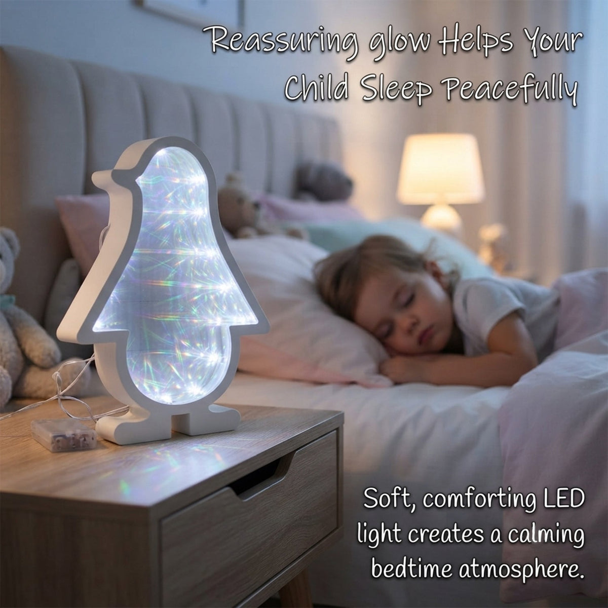 White penguin-shaped infinity mirror light glowing on a nightstand, with a child sleeping peacefully in the background.