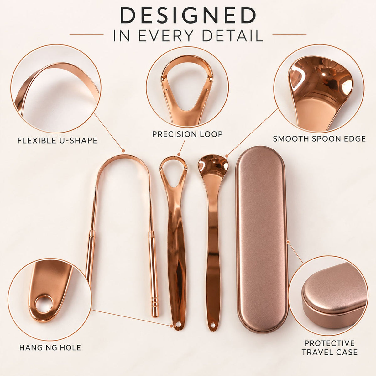 Stainless steel tongue cleaner set with travel case - three scraper designs