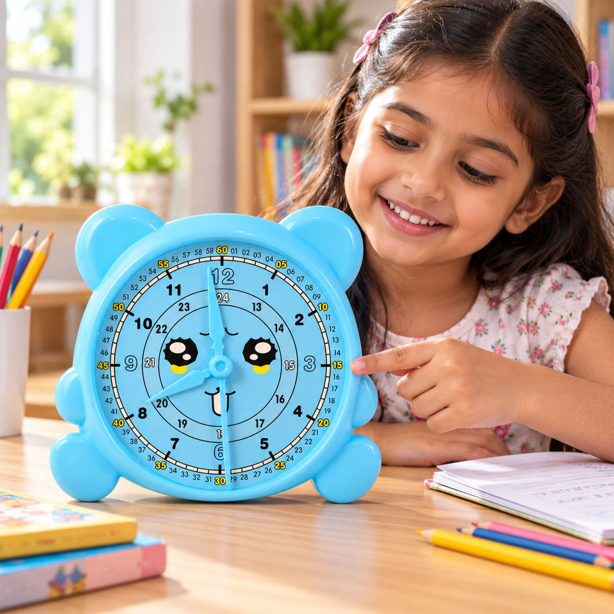 A young girl points at a light blue bear-shaped learning clock with a smiling face and large numbers.